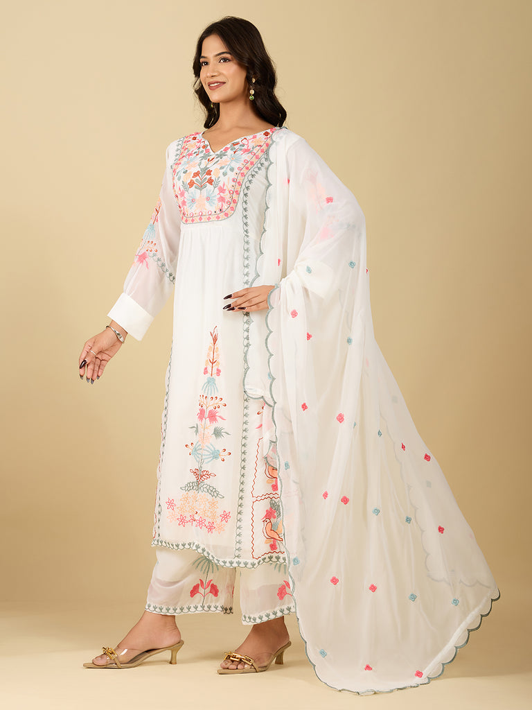 Women's Off White Embroidery Worked Georgette Kurta Set