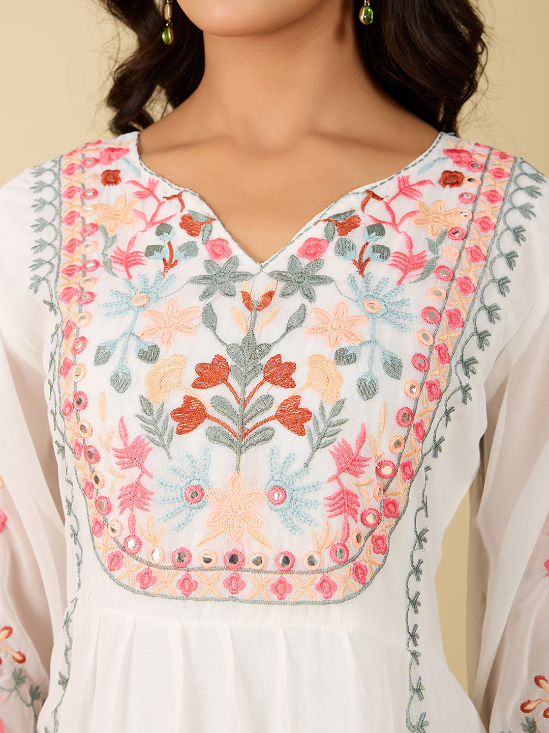 Women's Off White Embroidery Worked Georgette Kurta Set
