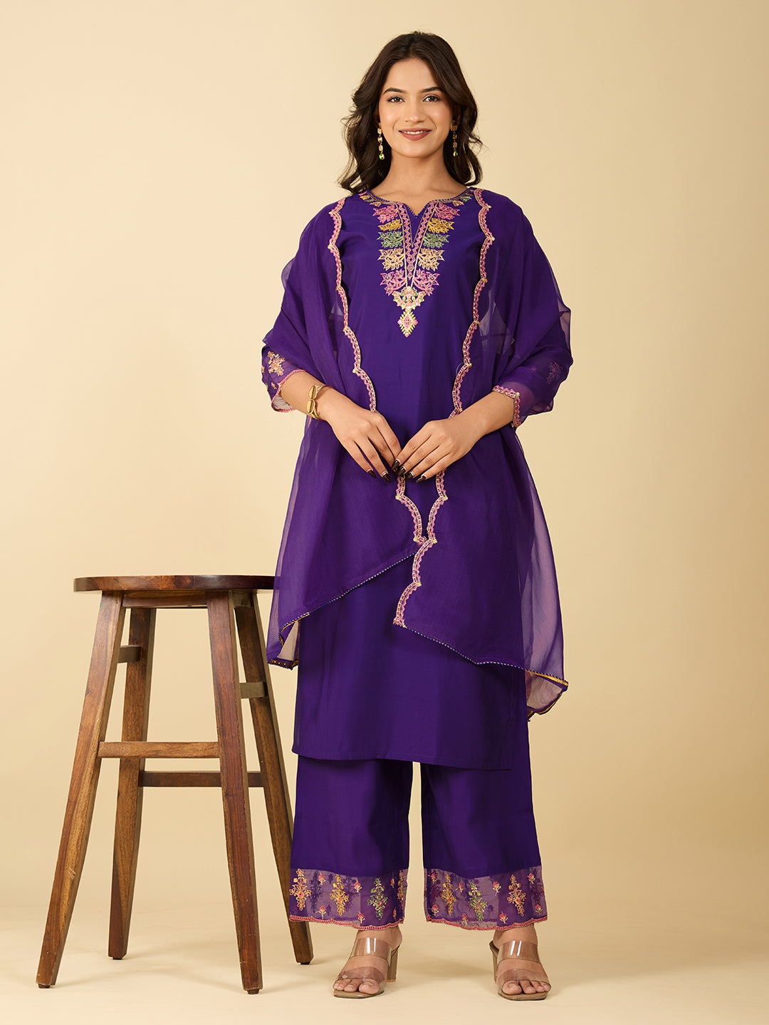 Women's Purple Embroidery Work Kurta With Pant And Duppata Set