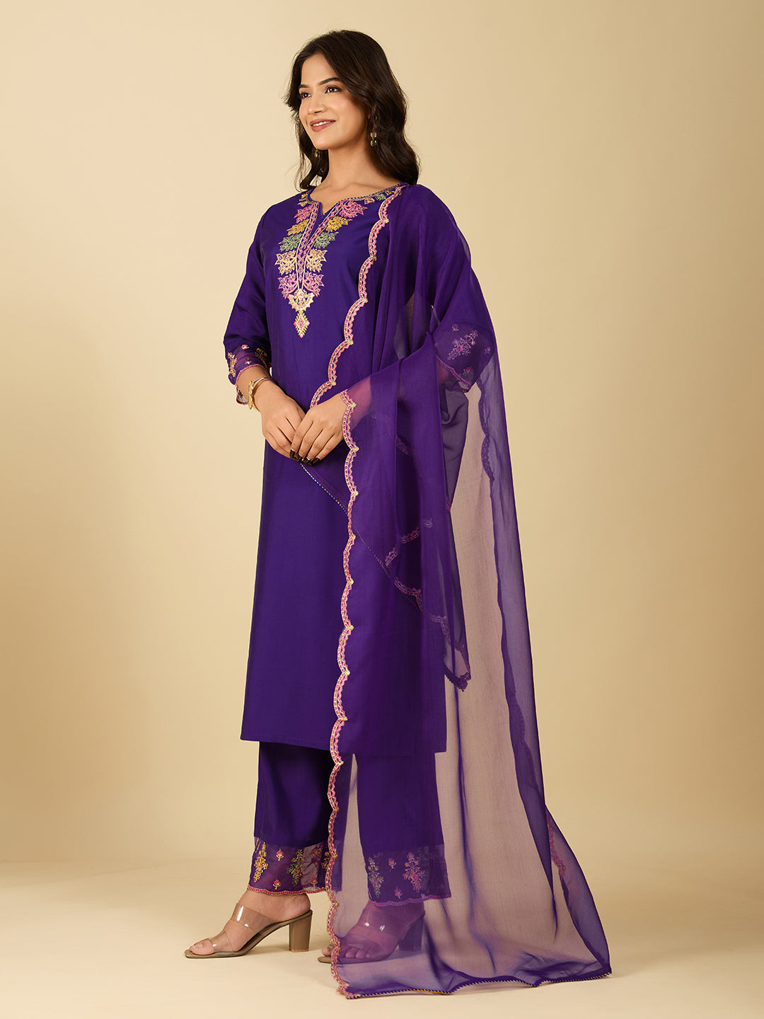 Women's Purple Embroidery Work Kurta With Pant And Duppata Set