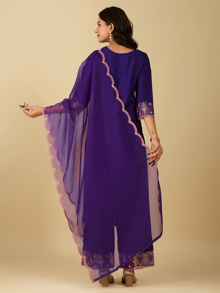 Women's Purple Embroidery Work Kurta With Pant And Duppata Set