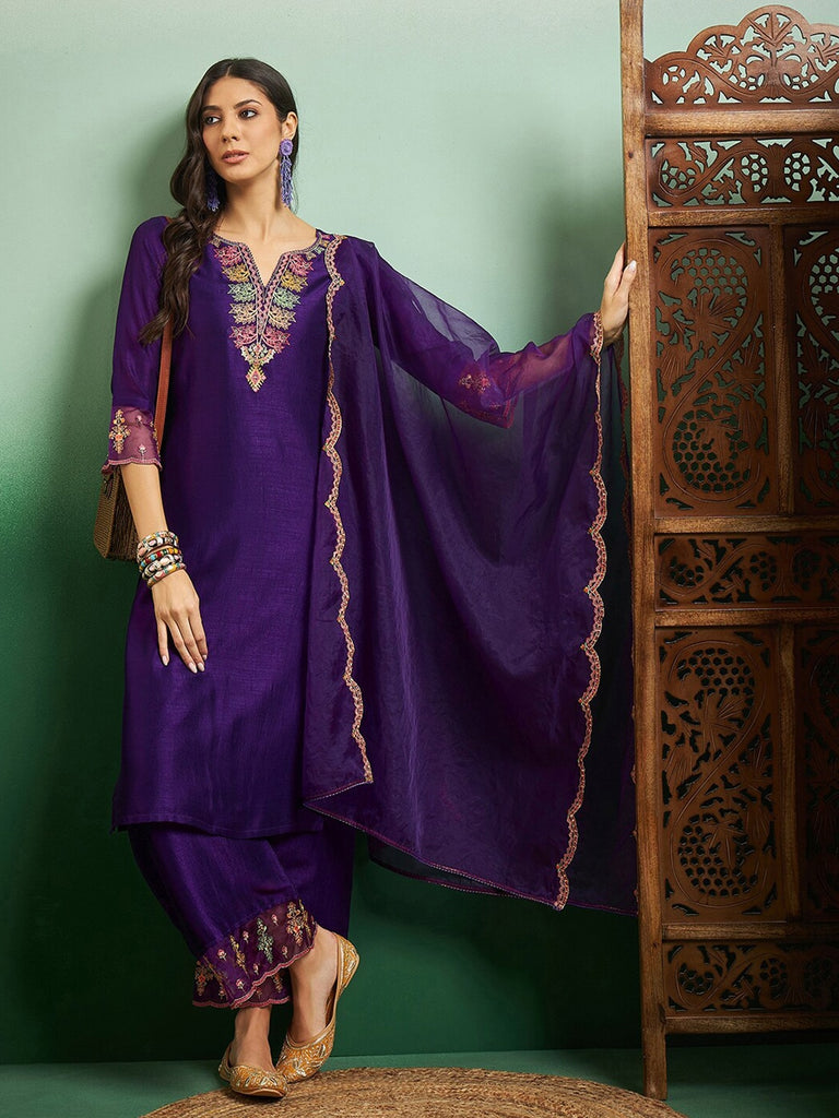 Women's Purple Embroidery Work Kurta With Pant And Duppata Set