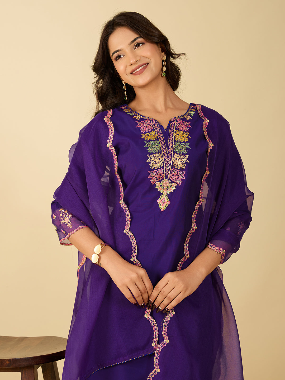 Women's Purple Embroidery Work Kurta With Pant And Duppata Set