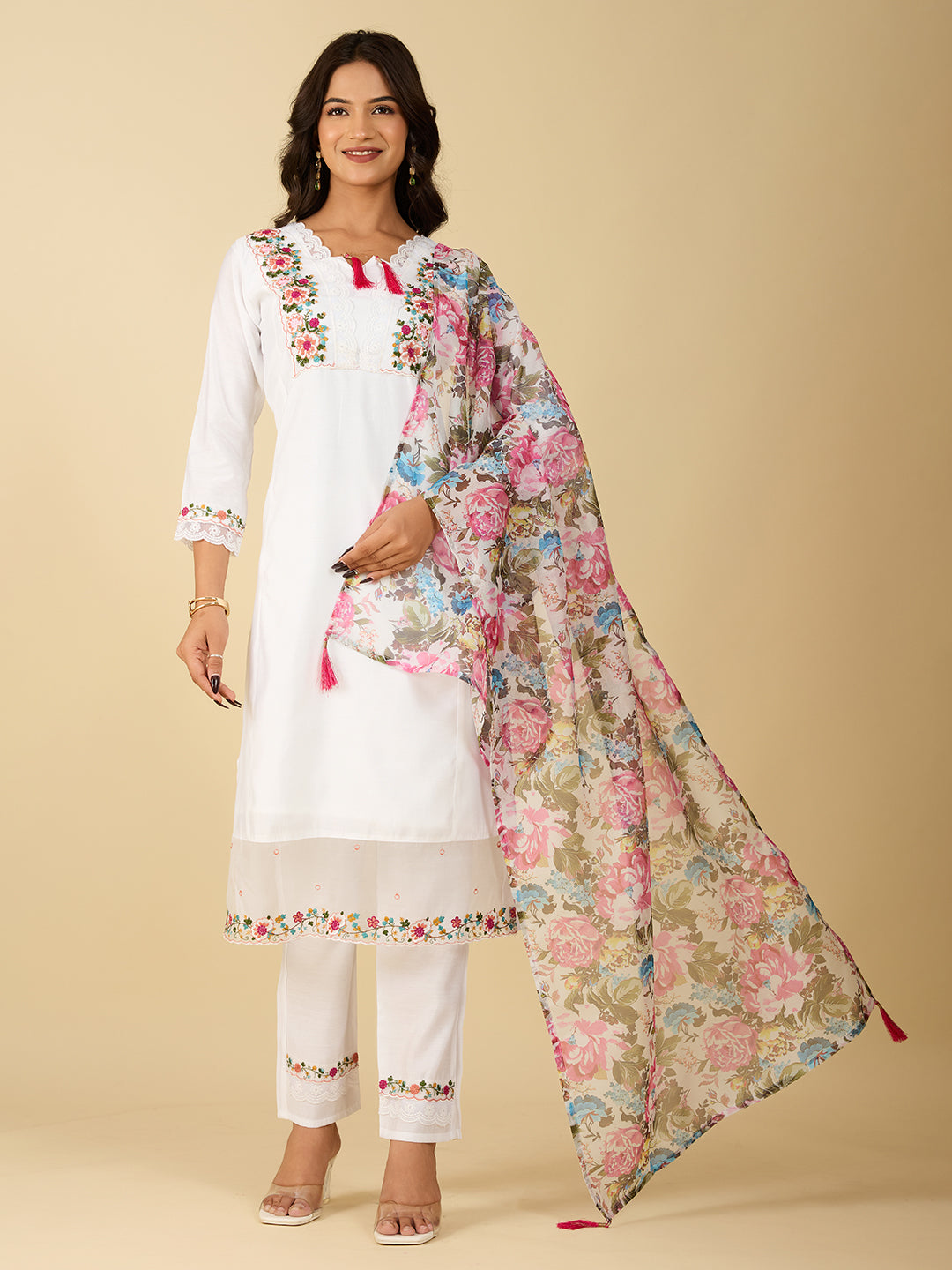 Women's White Embroidery Kurta With Pant And Duppata Set