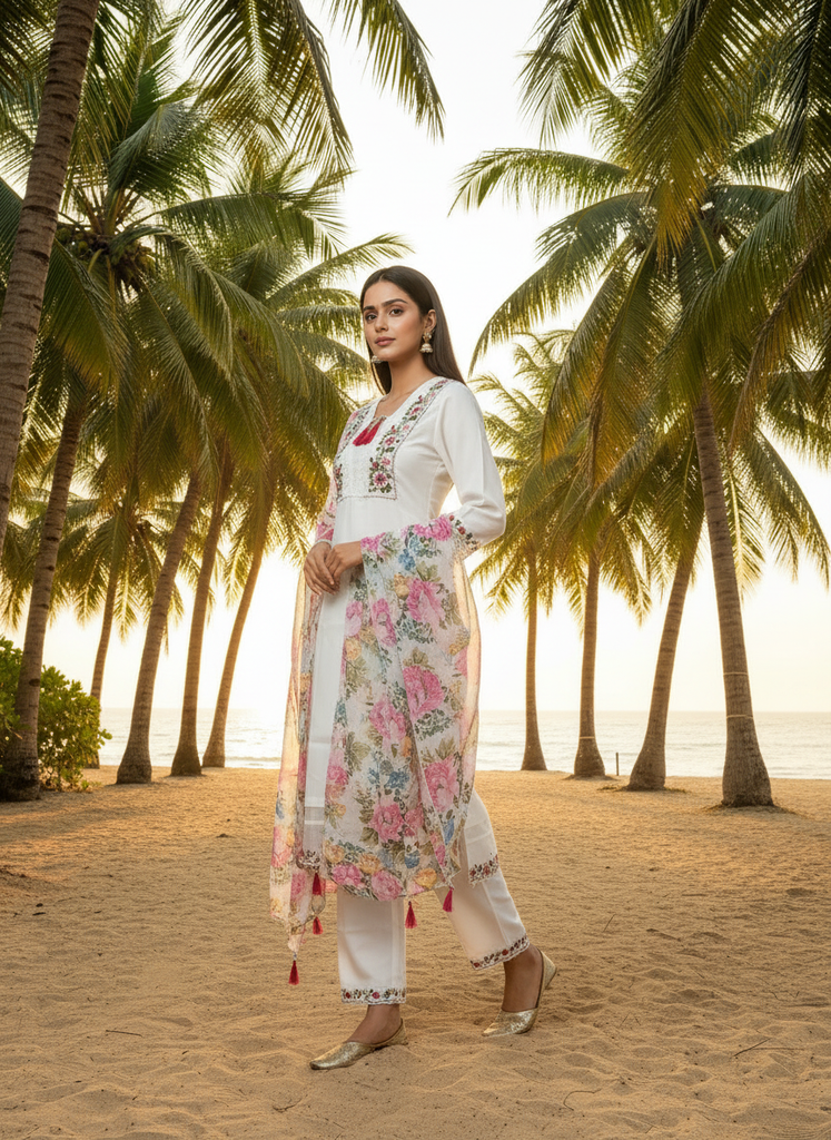 Women's White Embroidery Kurta With Pant And Duppata Set