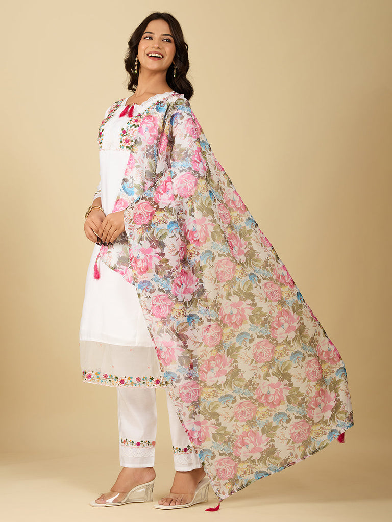 Women's White Embroidery Kurta With Pant And Duppata Set