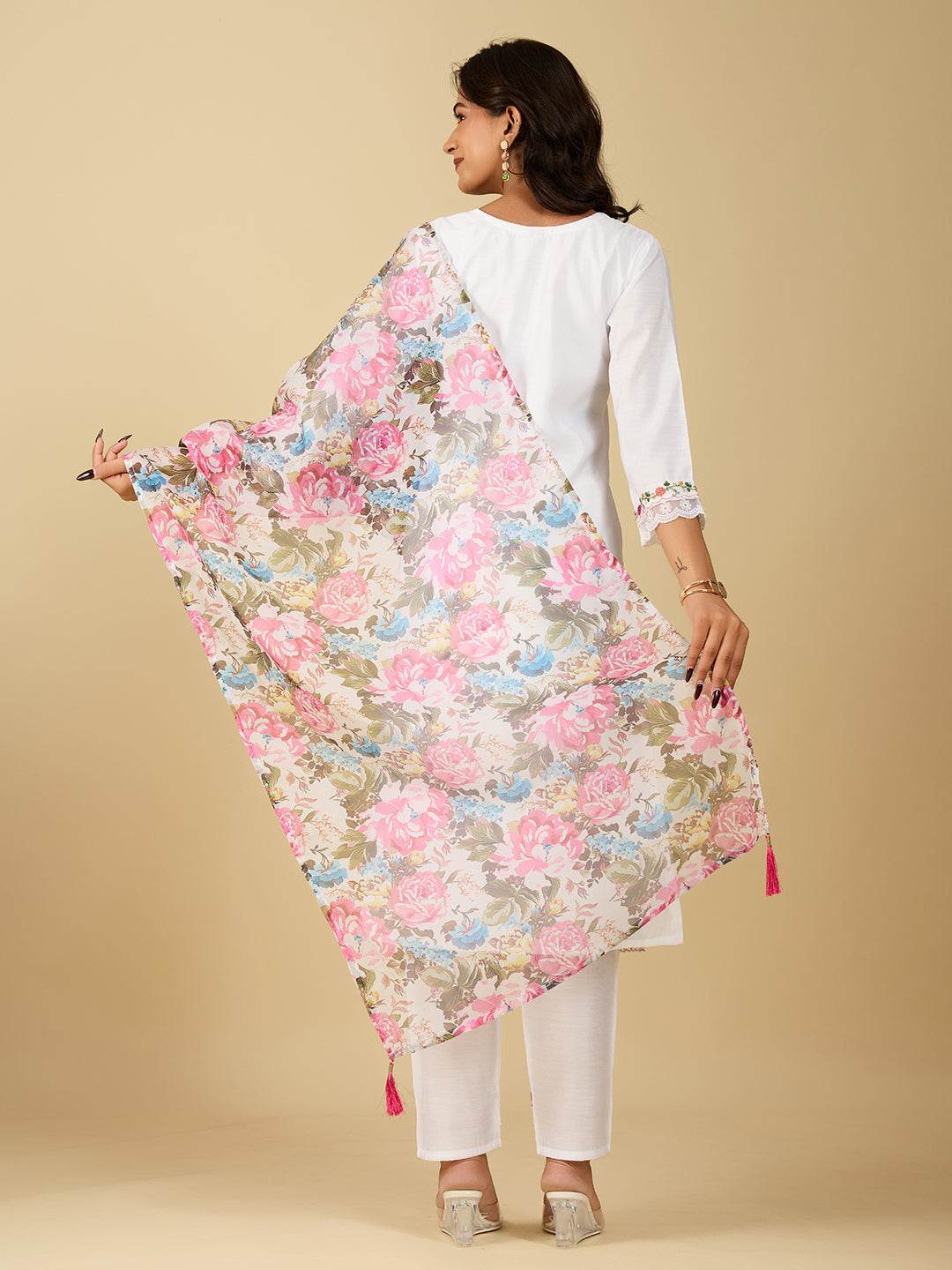 Women's White Embroidery Kurta With Pant And Duppata Set