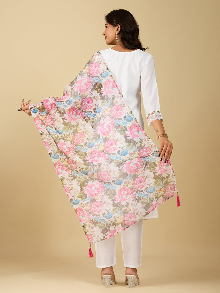 Women's White Embroidery Kurta With Pant And Duppata Set