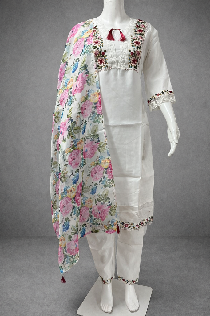 Women's White Embroidery Kurta With Pant And Duppata Set