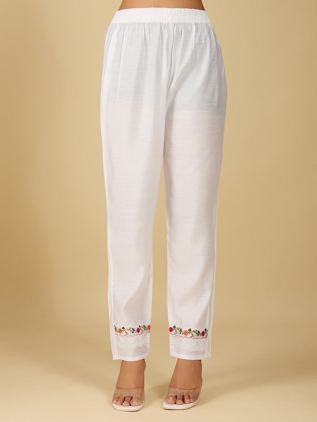 Women's White Embroidery Kurta With Pant And Duppata Set