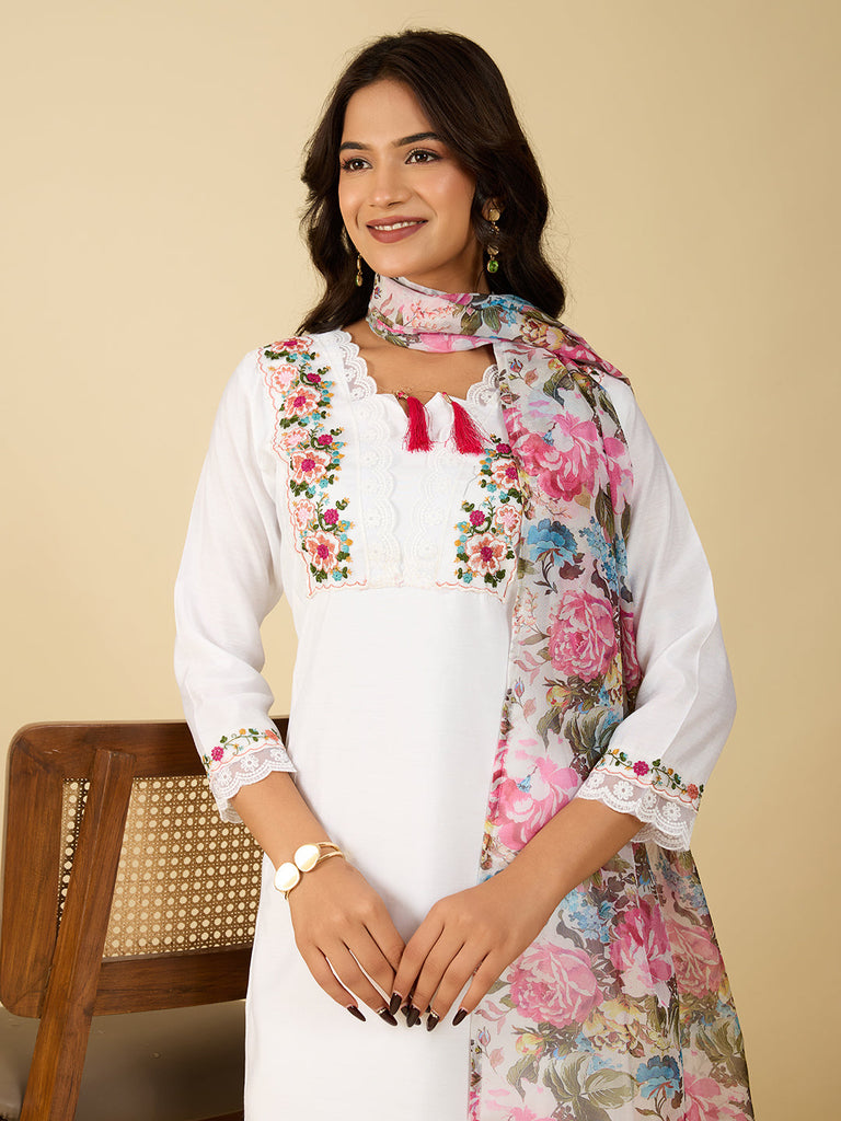 Women's White Embroidery Kurta With Pant And Duppata Set