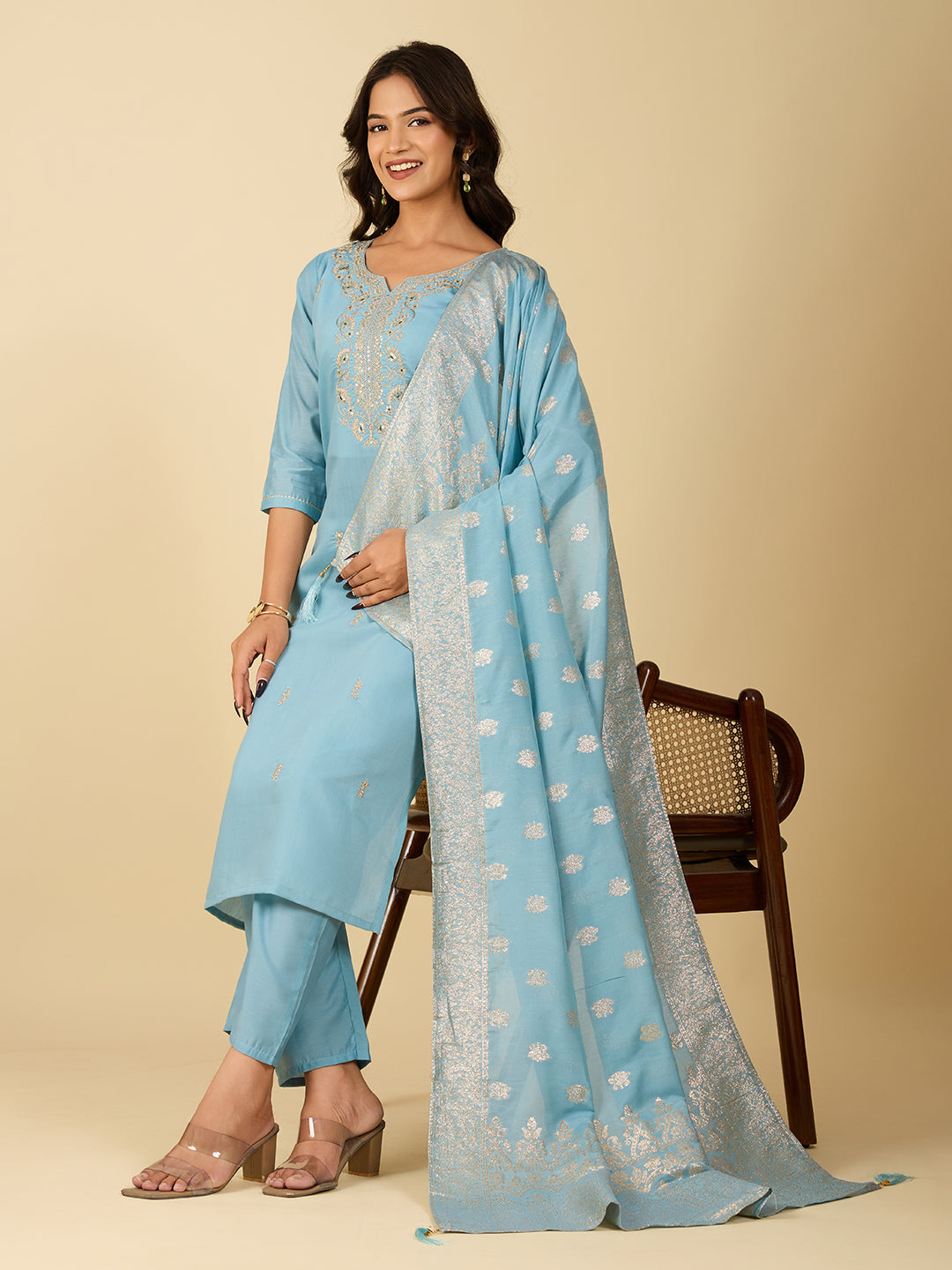 Women's Sky Blue Viscose Chanderi Embroidery Kurta Set
