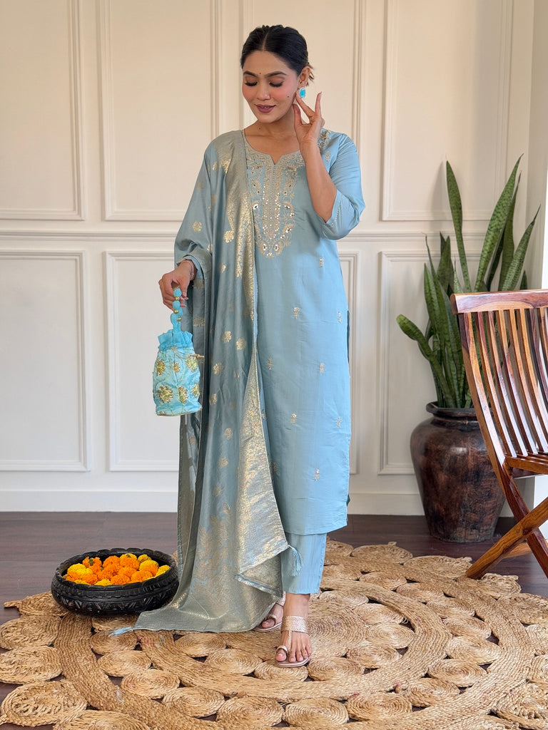 Women's Sky Blue Viscose Chanderi Embroidery Kurta Set