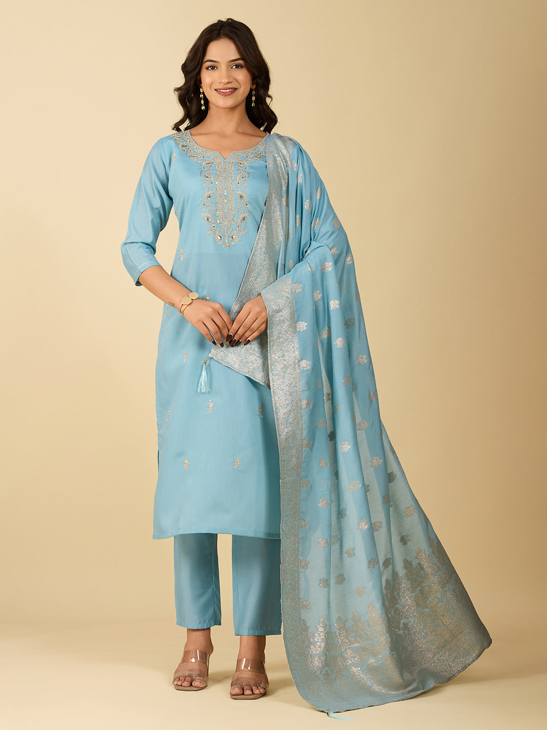 Women's Sky Blue Viscose Chanderi Embroidery Kurta Set