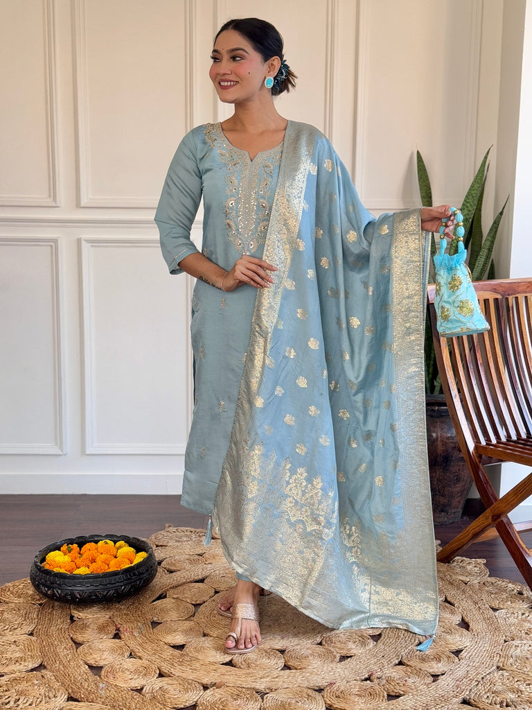 Women's Sky Blue Viscose Chanderi Embroidery Kurta Set