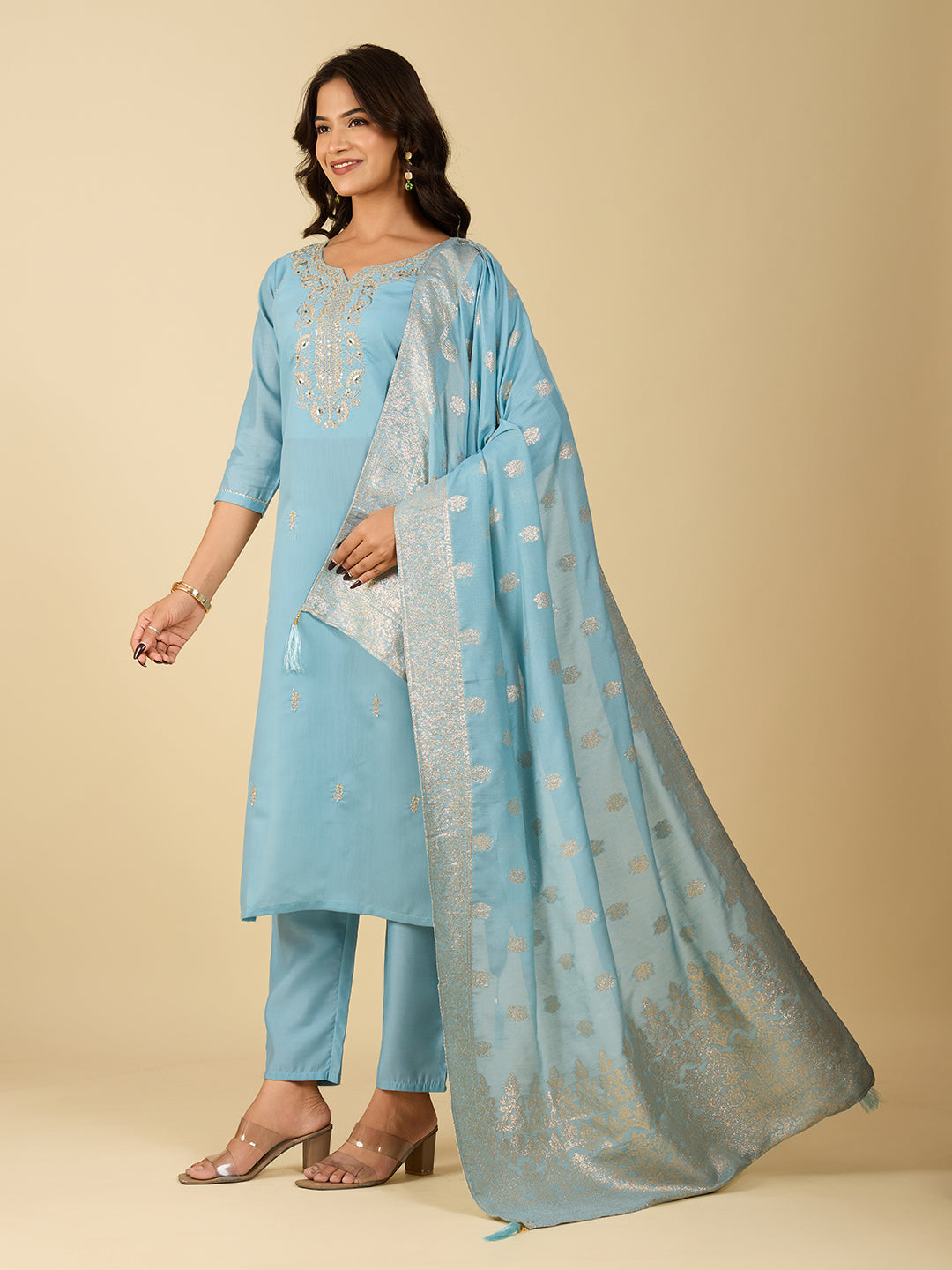 Women's Sky Blue Viscose Chanderi Embroidery Kurta Set