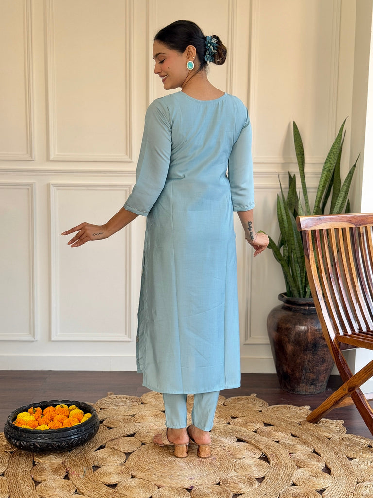 Women's Sky Blue Viscose Chanderi Embroidery Kurta Set