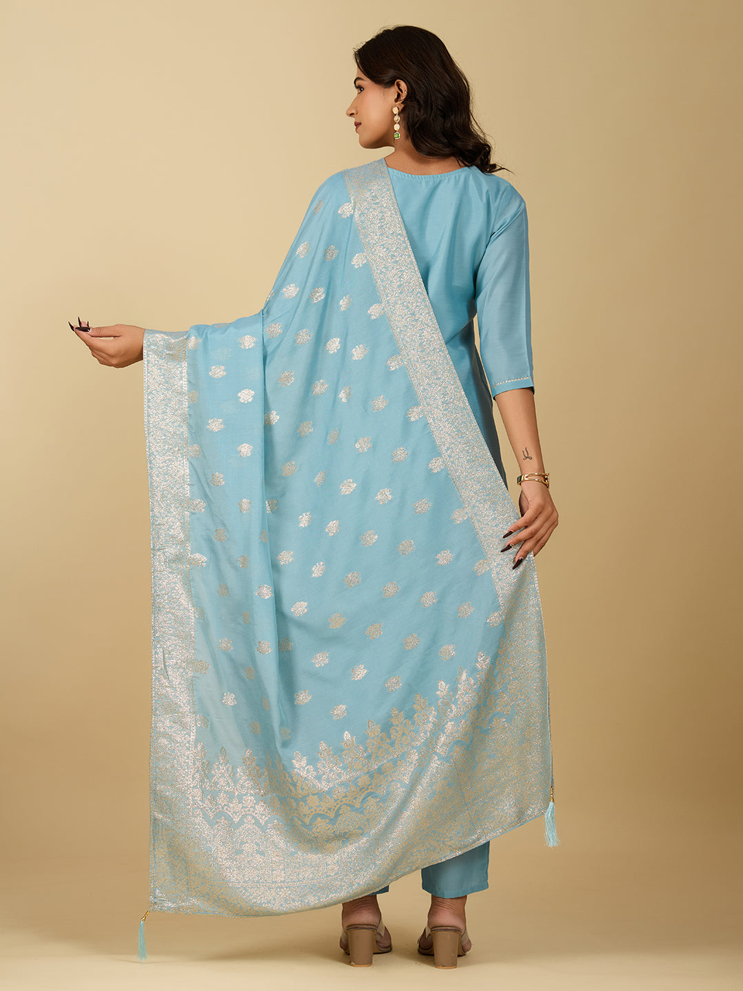 Women's Sky Blue Viscose Chanderi Embroidery Kurta Set