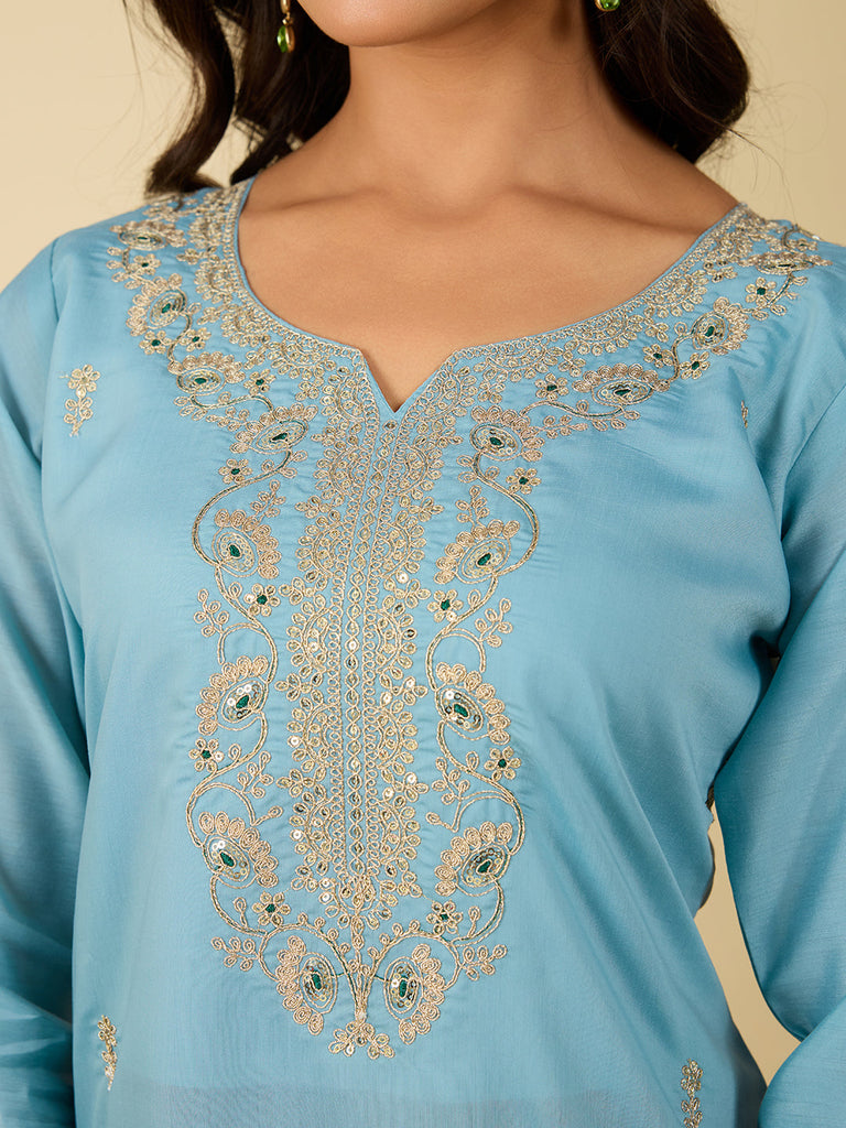 Women's Sky Blue Viscose Chanderi Embroidery Kurta Set