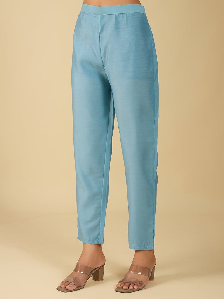 Women's Sky Blue Viscose Chanderi Embroidery Kurta Set