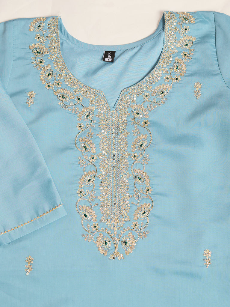 Women's Sky Blue Viscose Chanderi Embroidery Kurta Set