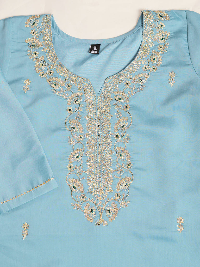 Women's Sky Blue Viscose Chanderi Embroidery Kurta Set