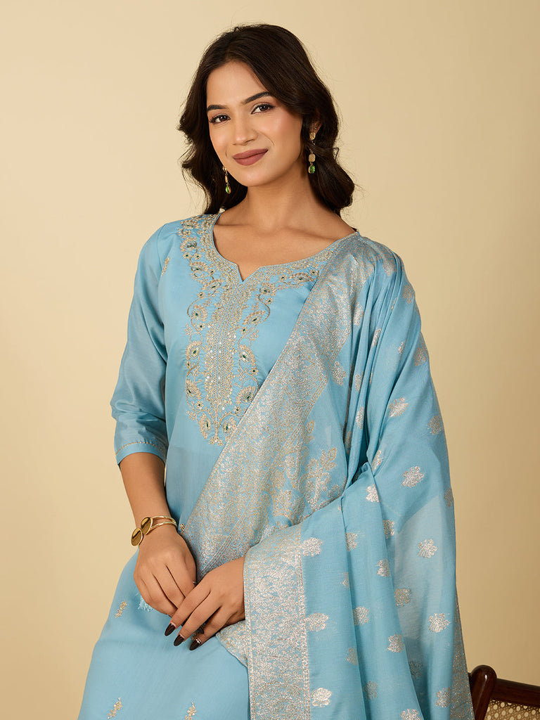 Women's Sky Blue Viscose Chanderi Embroidery Kurta Set