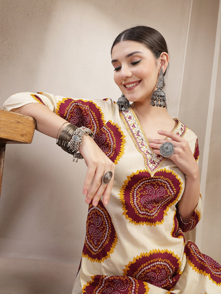 Women's Wine Bandhej Printed Cotton Straight Kurta