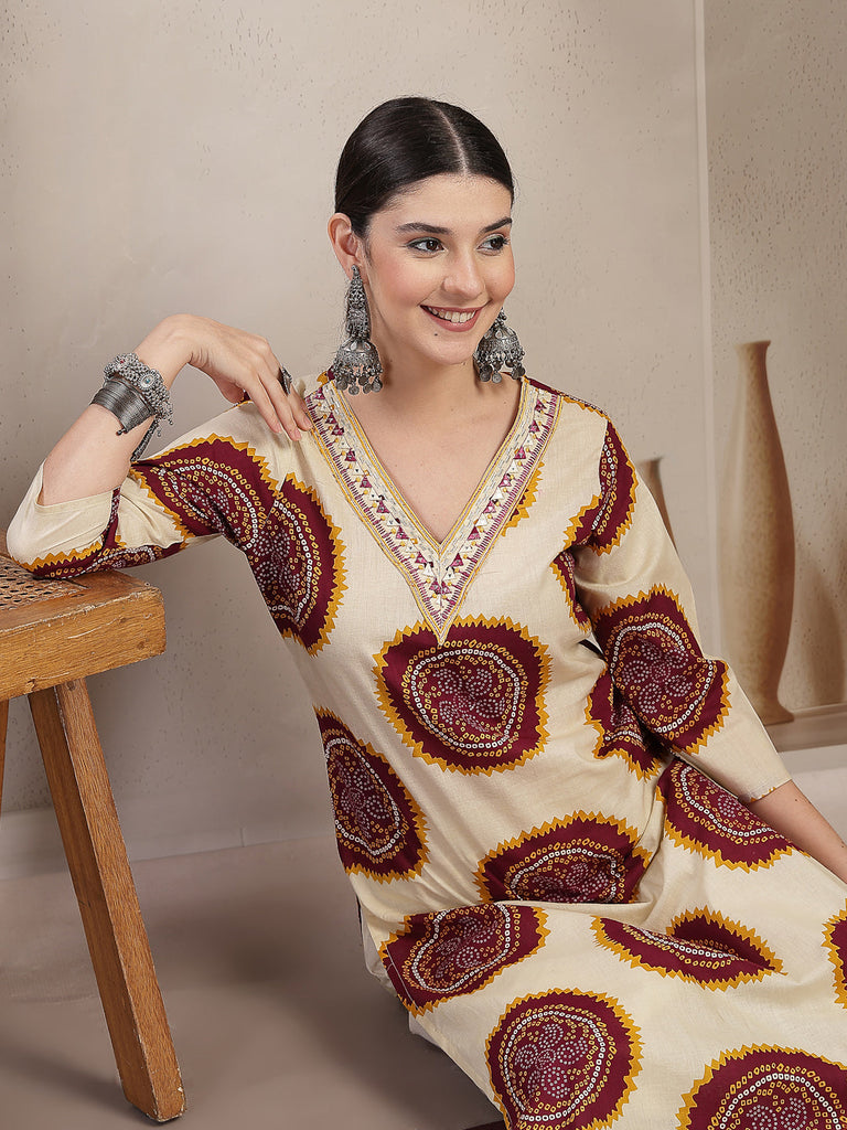 Women's Wine Bandhej Printed Cotton Straight Kurta