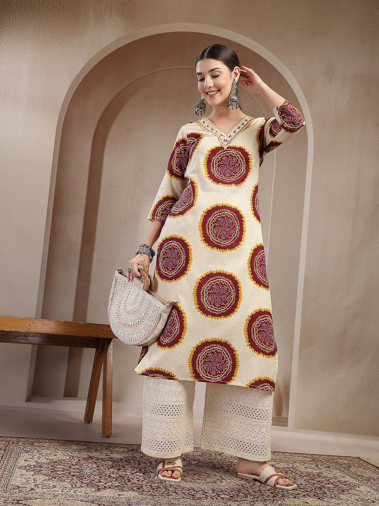 Women's Wine Bandhej Printed Cotton Straight Kurta