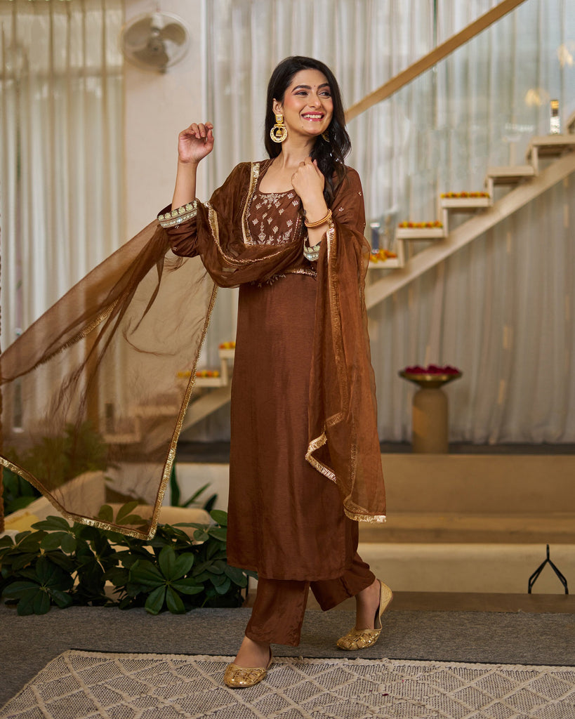 Women's Chocolate Brown Vichitra Silk Thread Embroidery Kurta Set