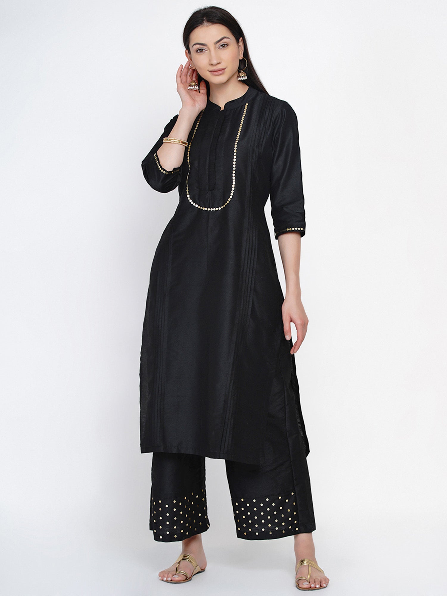 Women's Black Cotton Blended Kurta Set with Seque