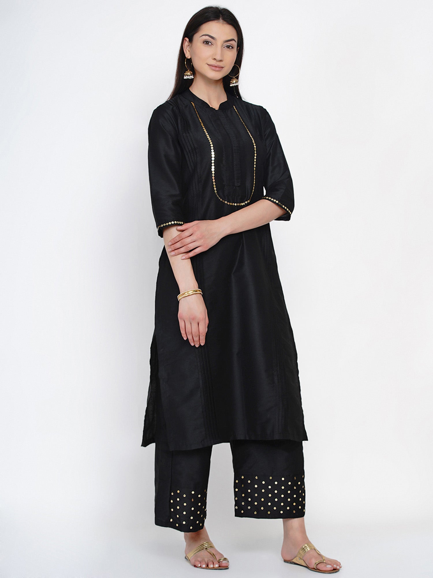Women's Black Cotton Blended Kurta Set with Seque