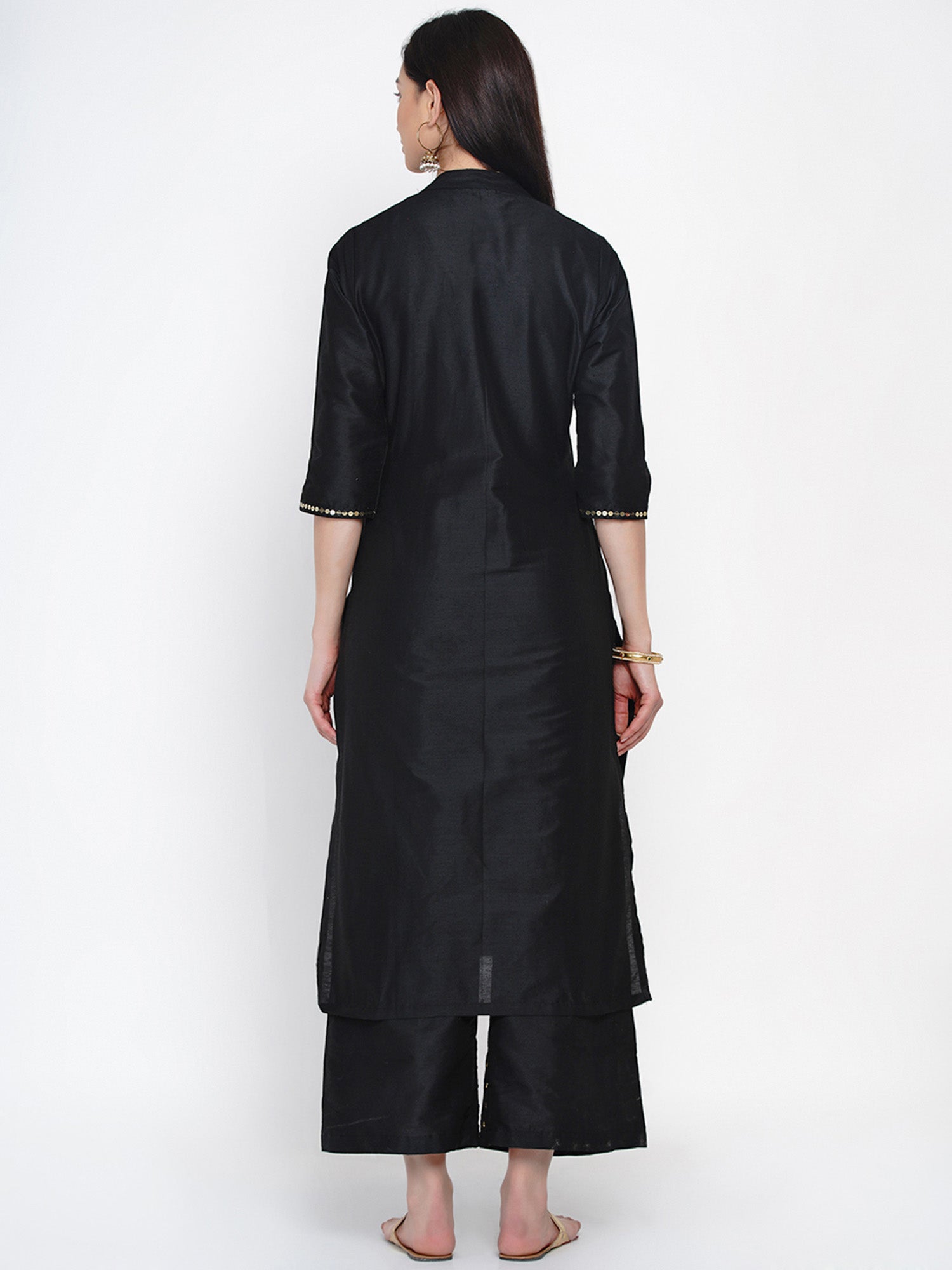 Women's Black Cotton Blended Kurta Set with Seque