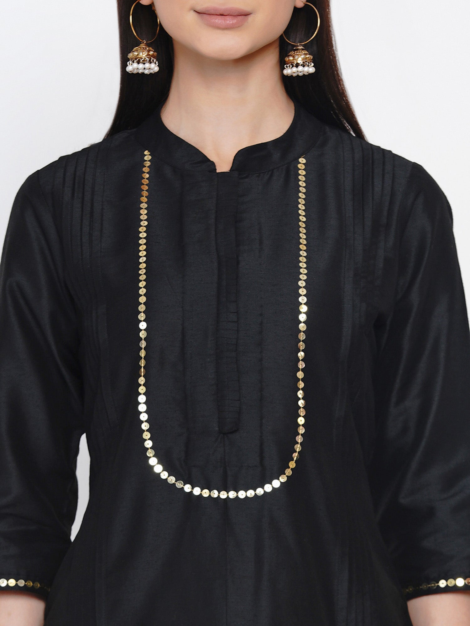 Women's Black Cotton Blended Kurta Set with Seque