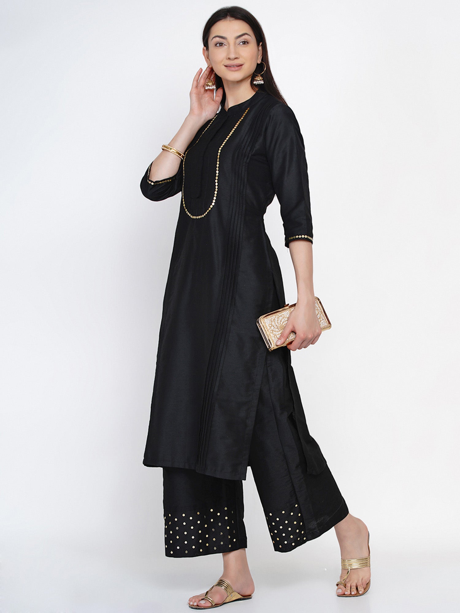 Women's Black Cotton Blended Kurta Set with Seque