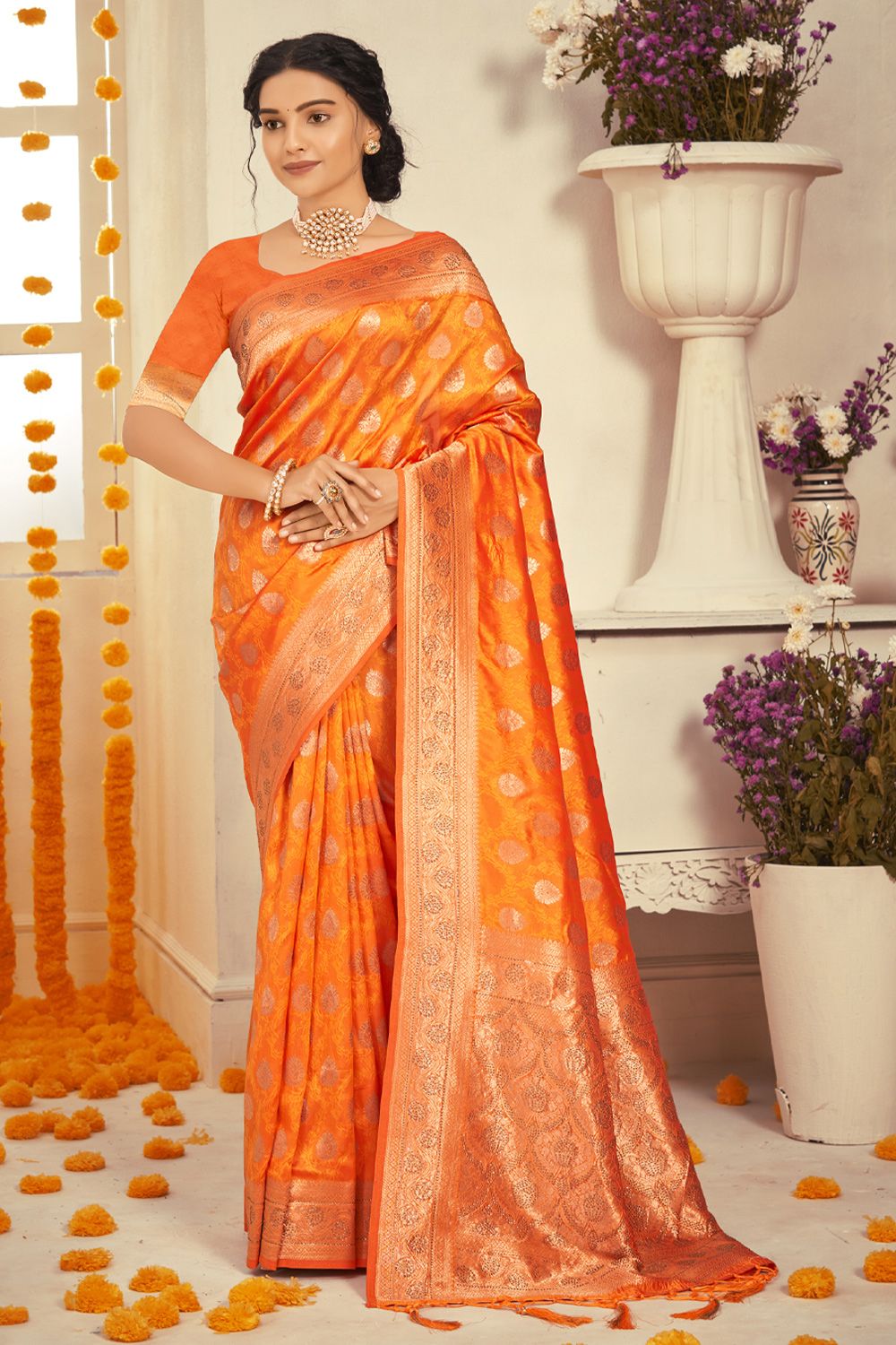 Women's Orange Silk Woven Zari Work Traditional Tassle Saree
