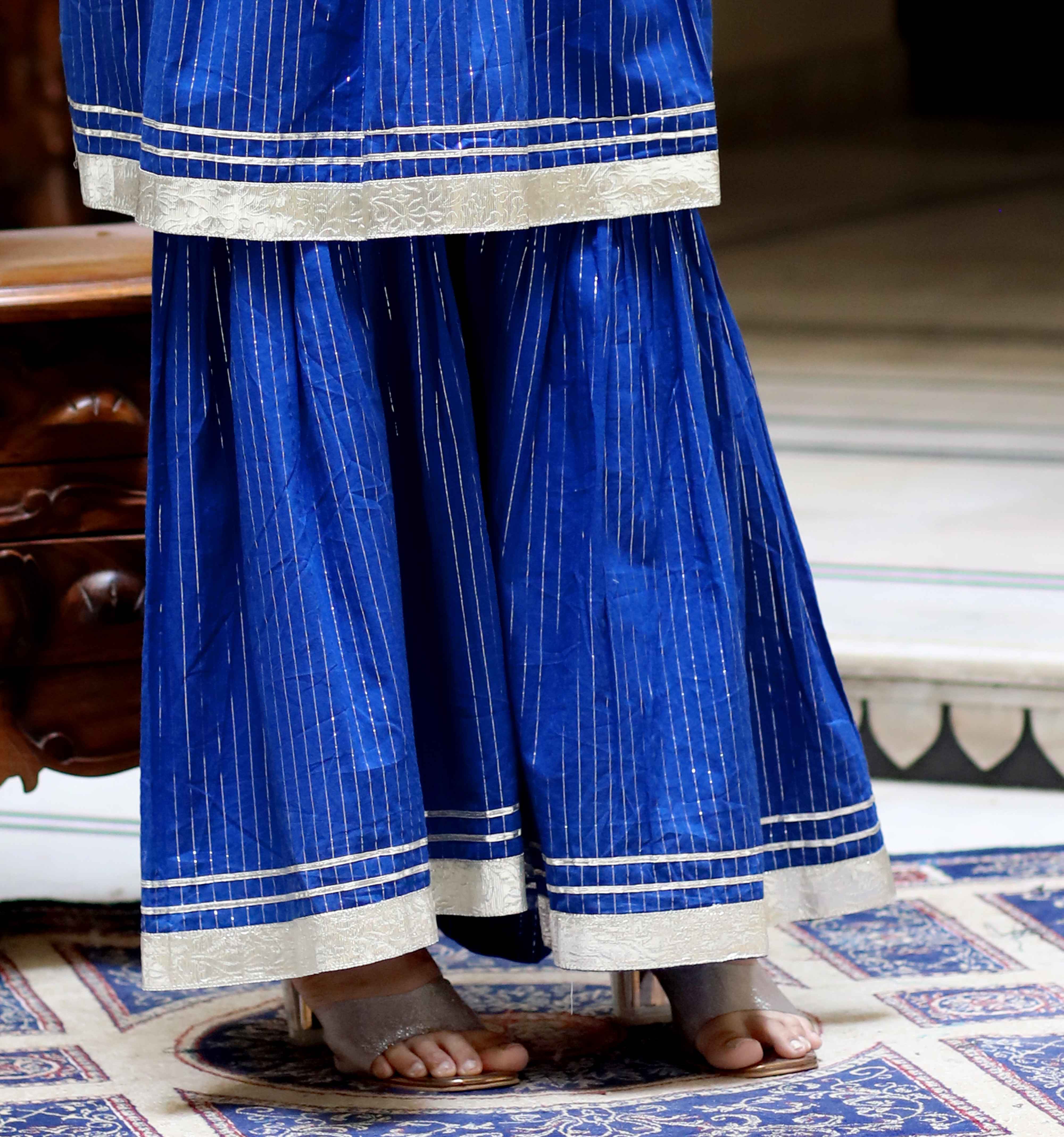 Womens'S Blue Printed Lurex Cotton Wedding Wear Gota Patti Cotton Peplum Kurti Sharara Set
 - Doriyaan