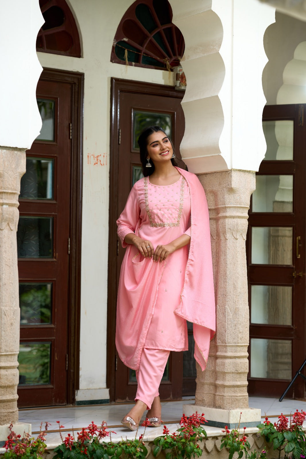 Women's Round Neck Embroidered Work Rayon Slub Fabric Kurta Pant Set Comes With Chinnon Dupatta - Taantav