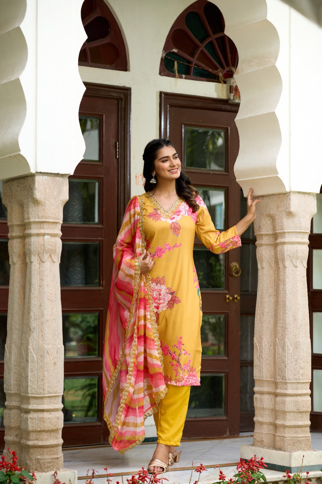 Women's 'V' Neck Sequence Embroidery And Print Work Muslin Fabric Kurta Pant Set Comes With Printed Dupatta - Taantav