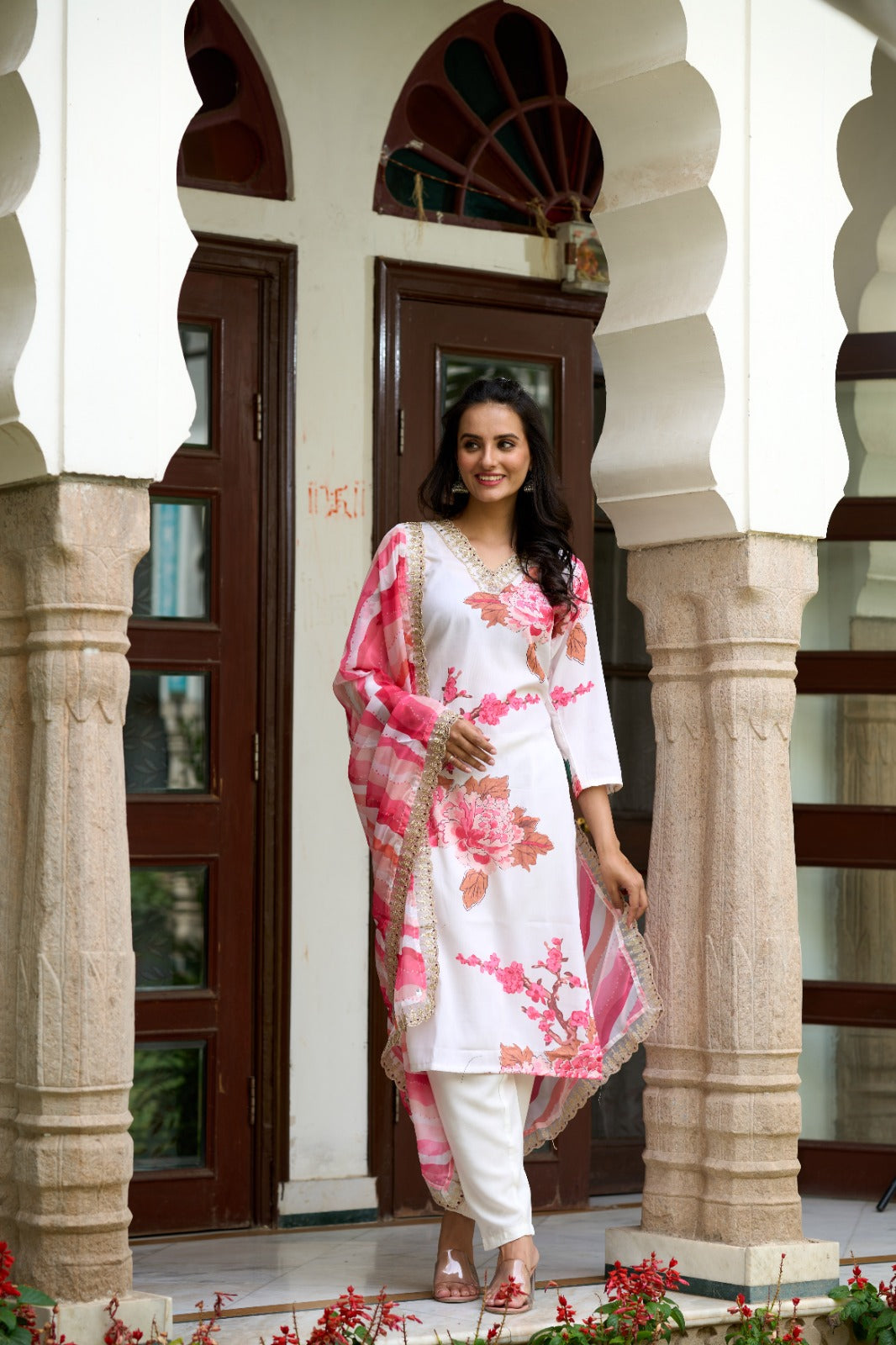 Women's 'V' Neck Sequence Embroidery And Print Work Muslin Fabric Kurta Pant Set Comes With Printed Dupatta - Taantav