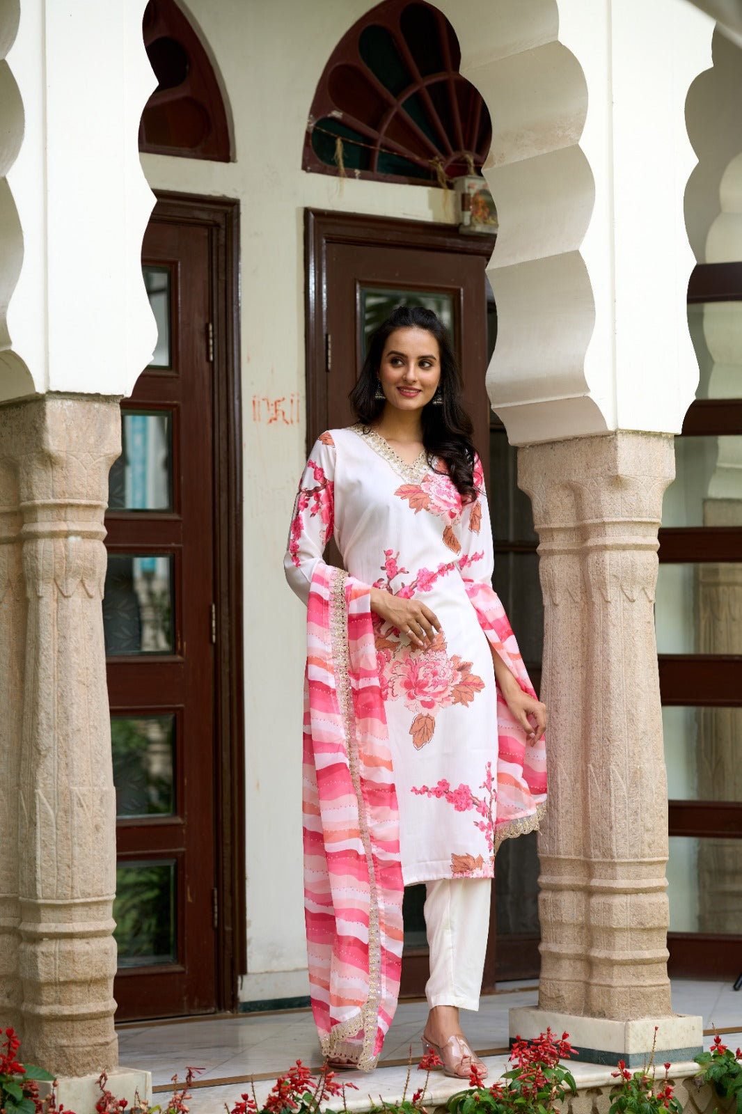 Women's 'V' Neck Sequence Embroidery And Print Work Muslin Fabric Kurta Pant Set Comes With Printed Dupatta - Taantav