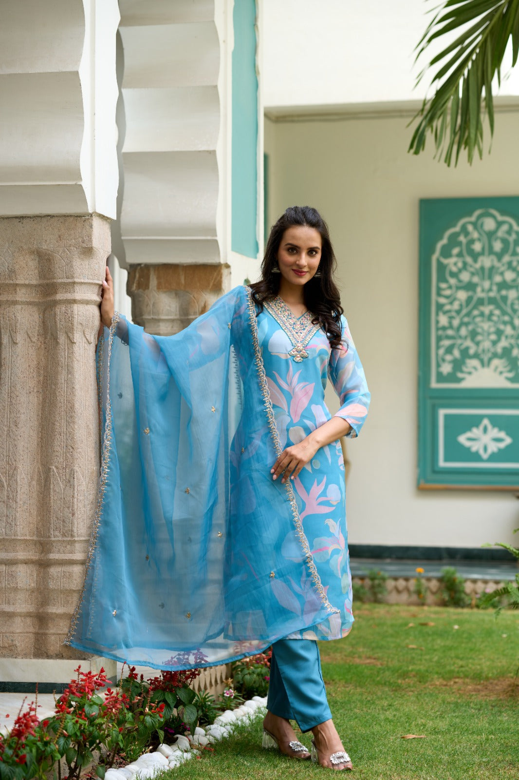 Women's V-Neck Sequence Embroidered Work Viscose Tabby Fabric Kurta & Pant Set Comes With Organza Dupatta - Taantav