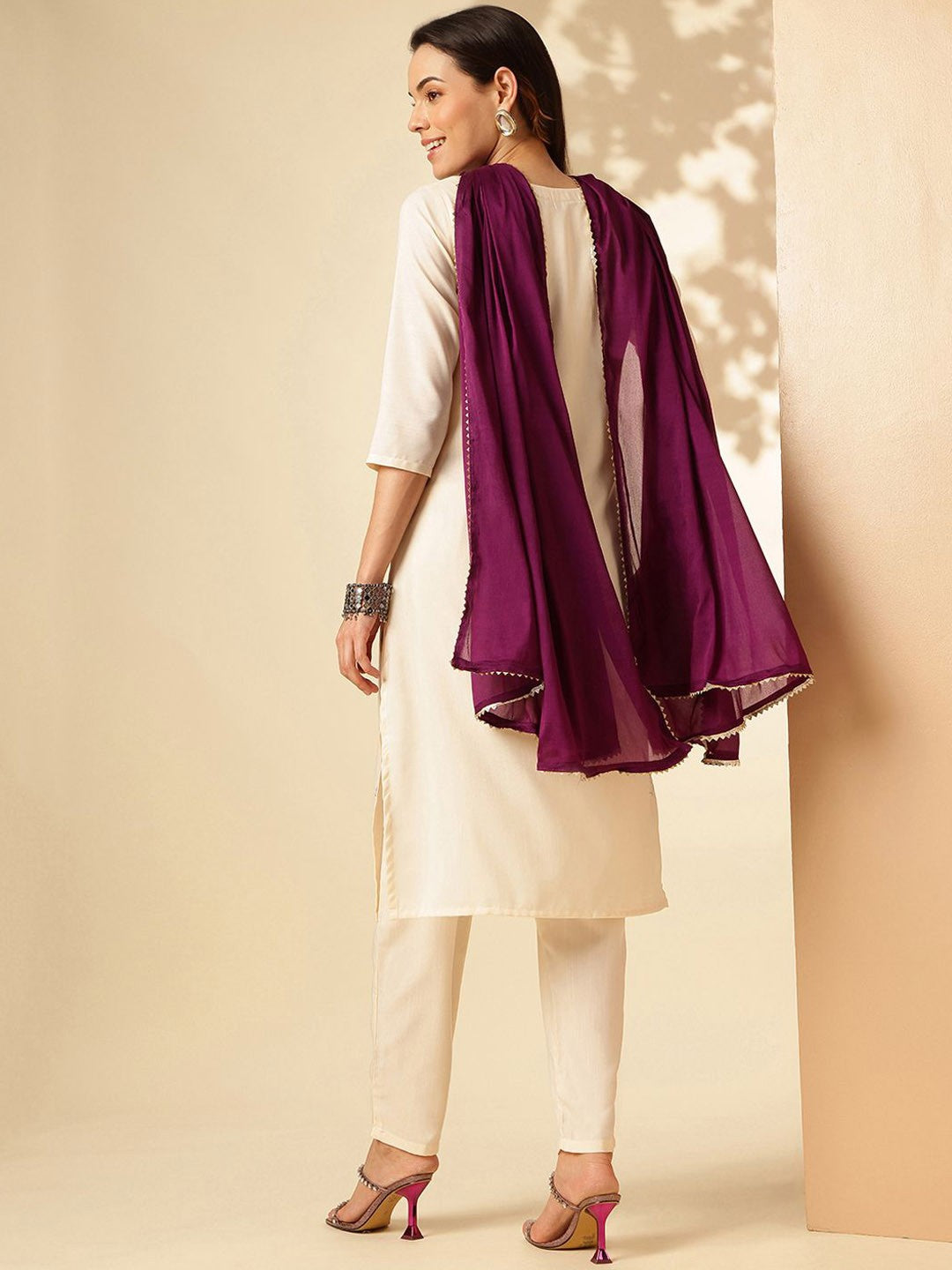 Women's V Neck Embroidered Work Rayon Slub Fabric Kurta Pant Set Comes With Chinon Dupatta - Taantav