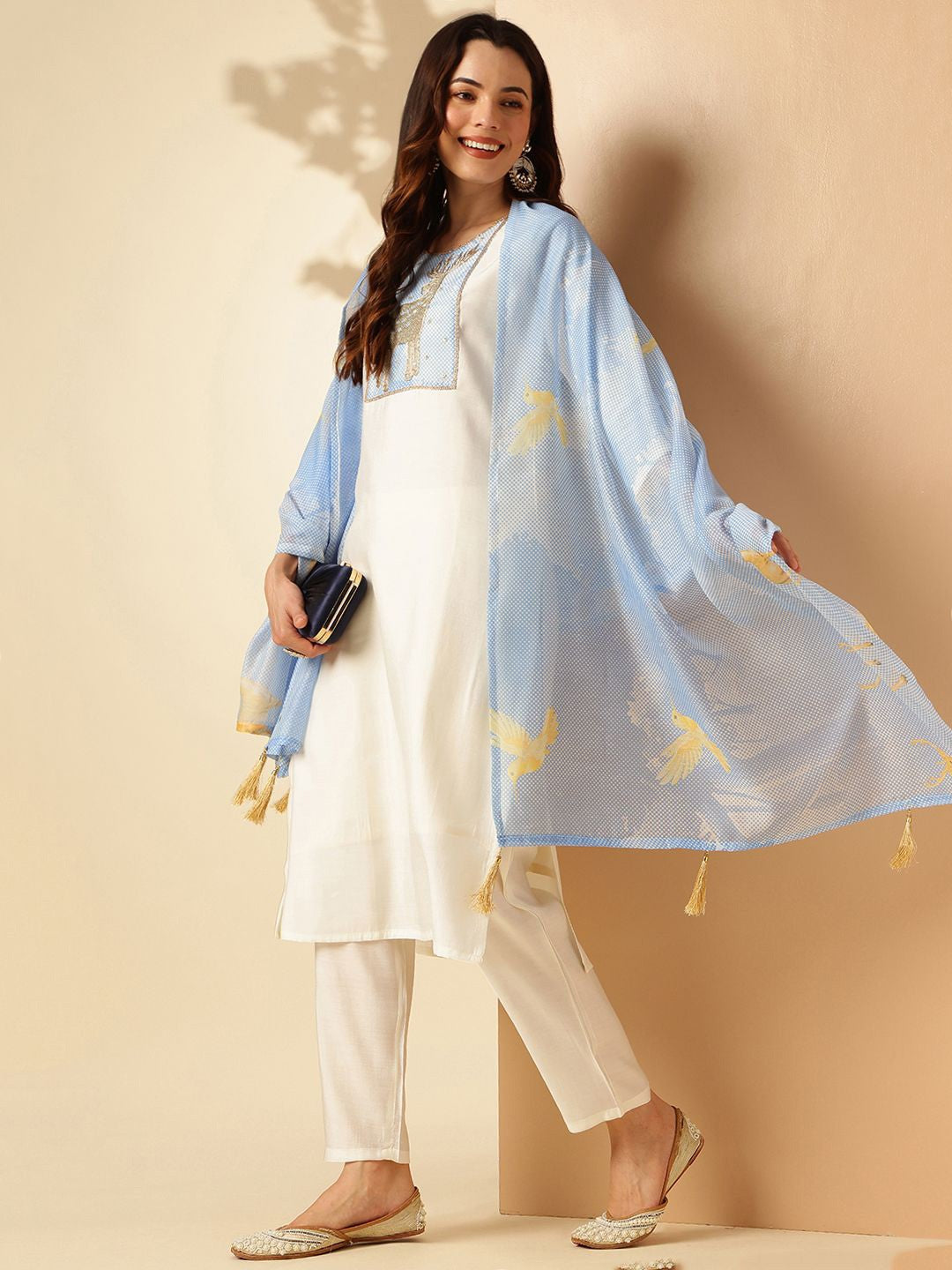 Women's White Pv Chanderi Fabric Kurta Pant With Dupatta Set Fabric Kurta Pant Set Comes With Dupatta - Taantav