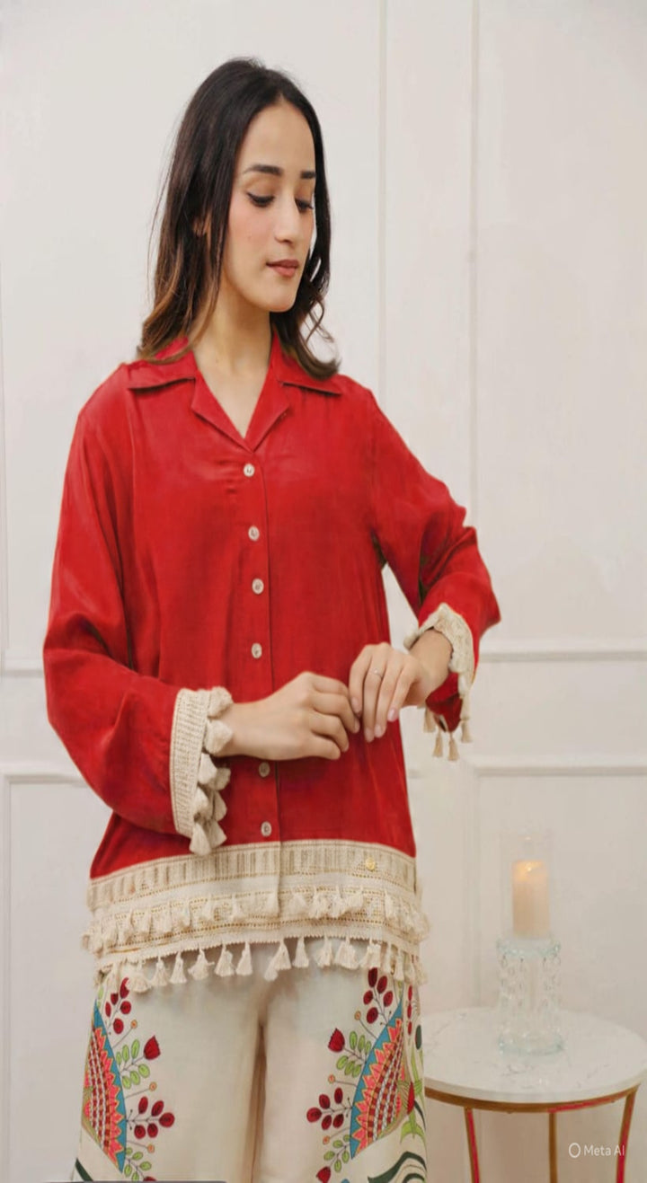 Women's Red Pure Cotton Plain Collared Neck Kurta Set
