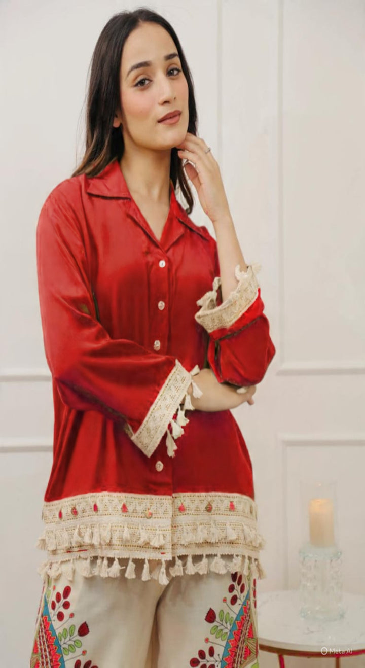Women's Red Pure Cotton Plain Collared Neck Kurta Set