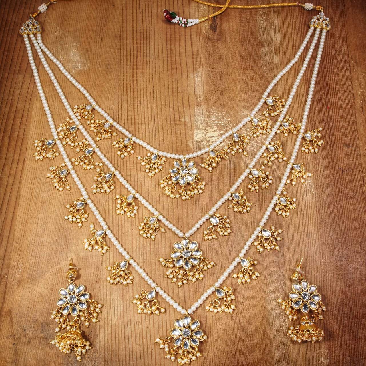 Women's 3 Layered Multi Strand Floral White Kundan & Pearl Beaded Necklace