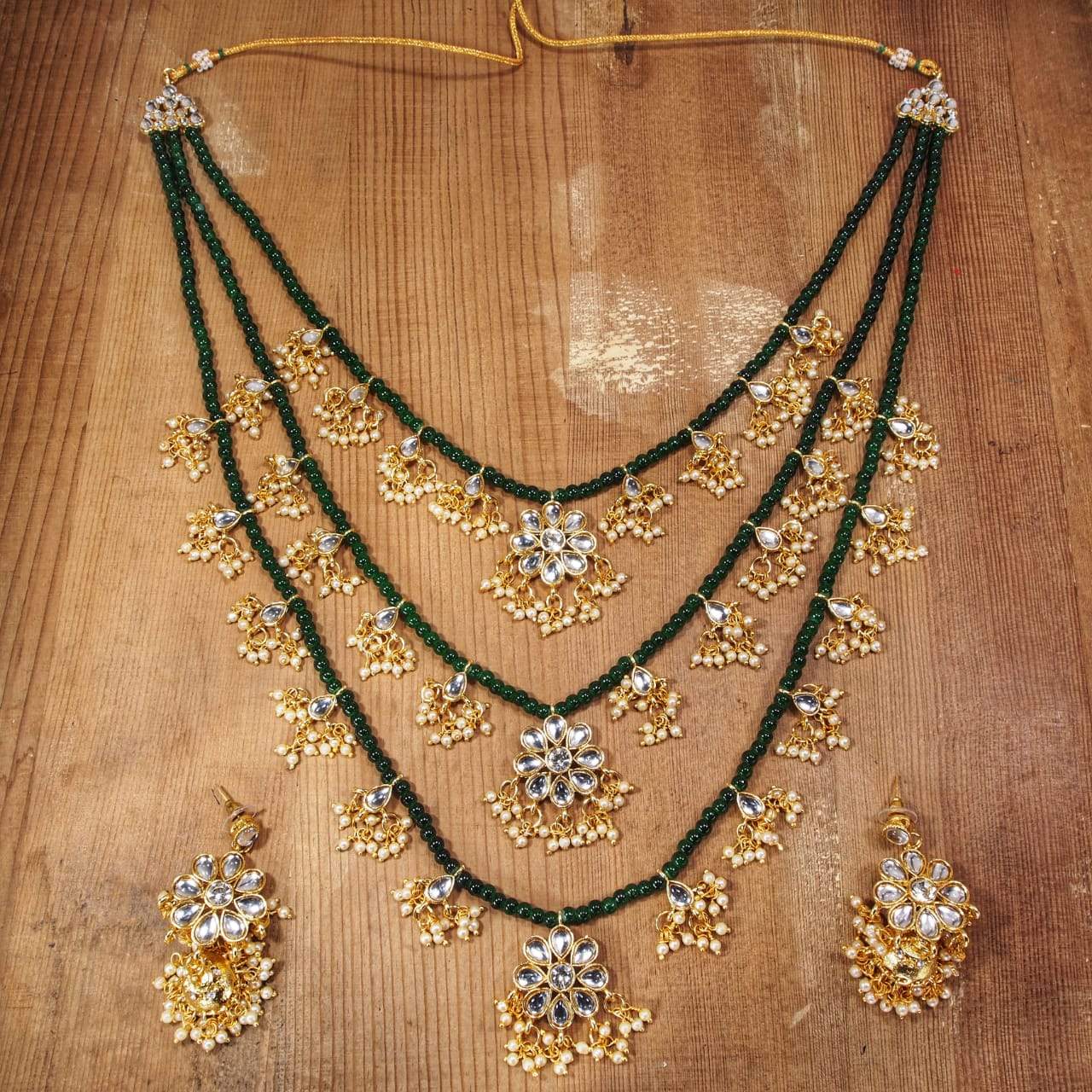Women's 3 Layered Multi Strand Floral Green Kundan & Pearl Beaded Necklace