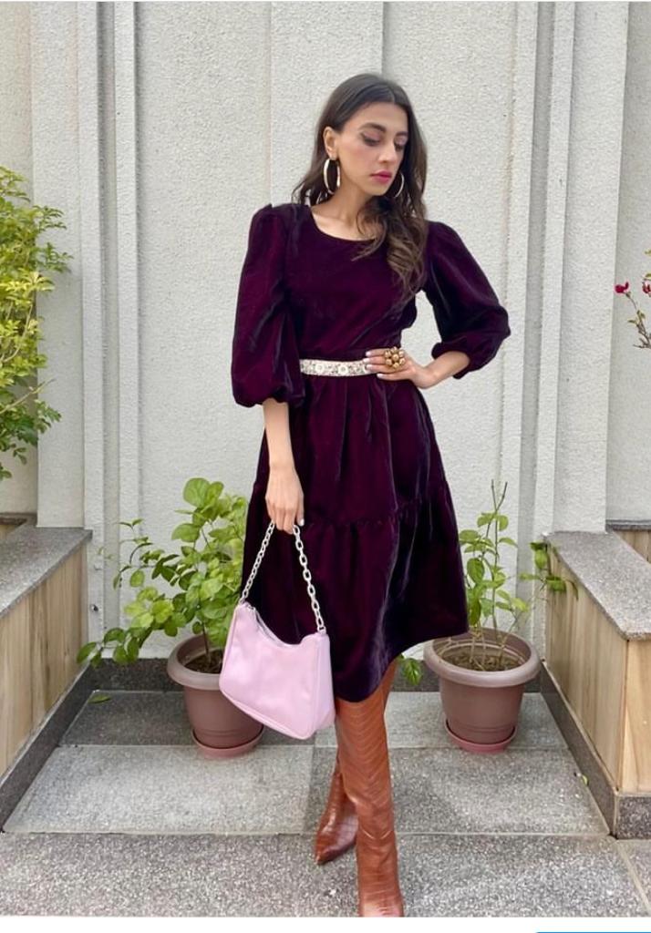 Women's Wine Velvet Tiered Dress - Nangalia Ruchira